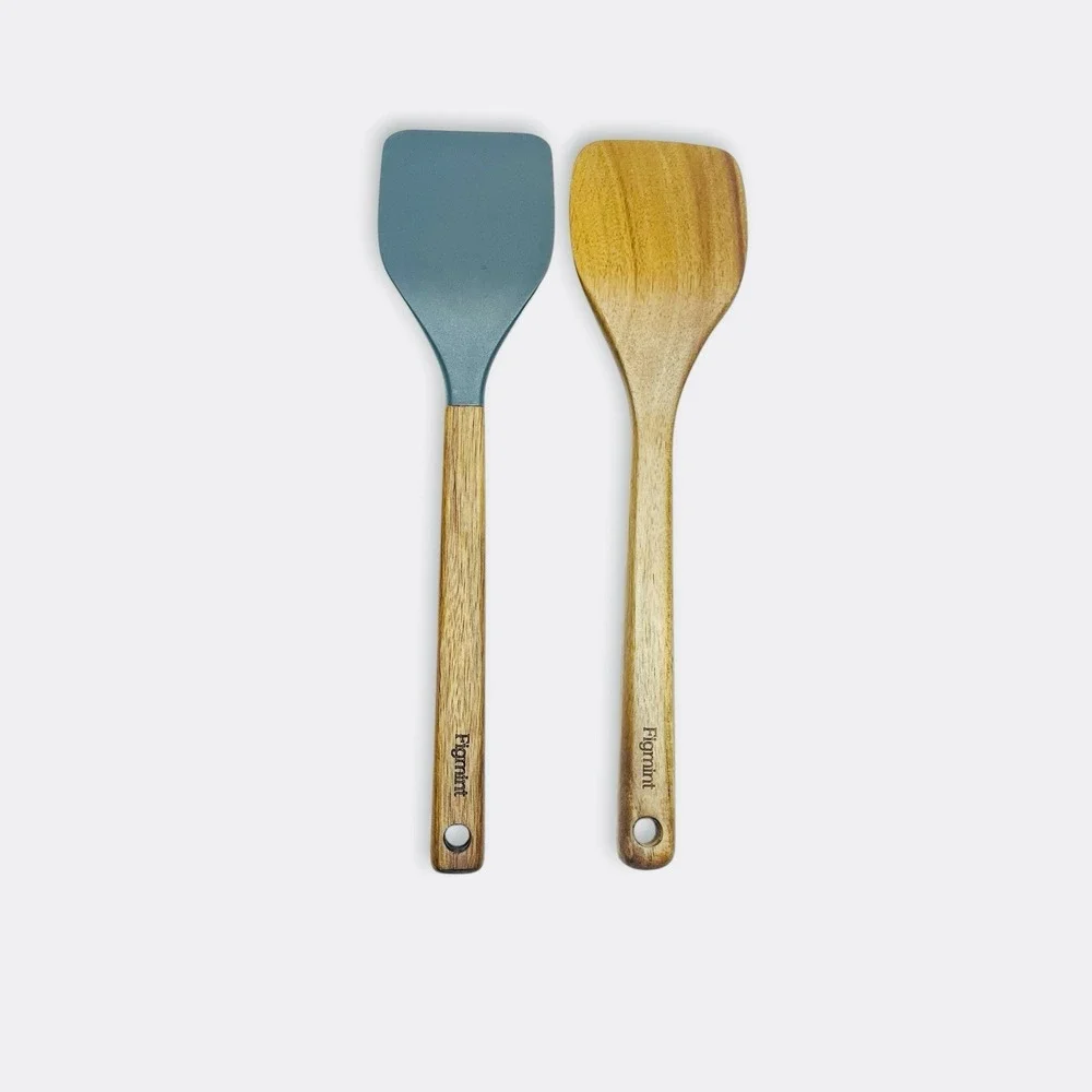 Figmint 2pc Silicone Acacia Kitchen Utensil Set Blue Green Wood NEW WITHOUT BOX